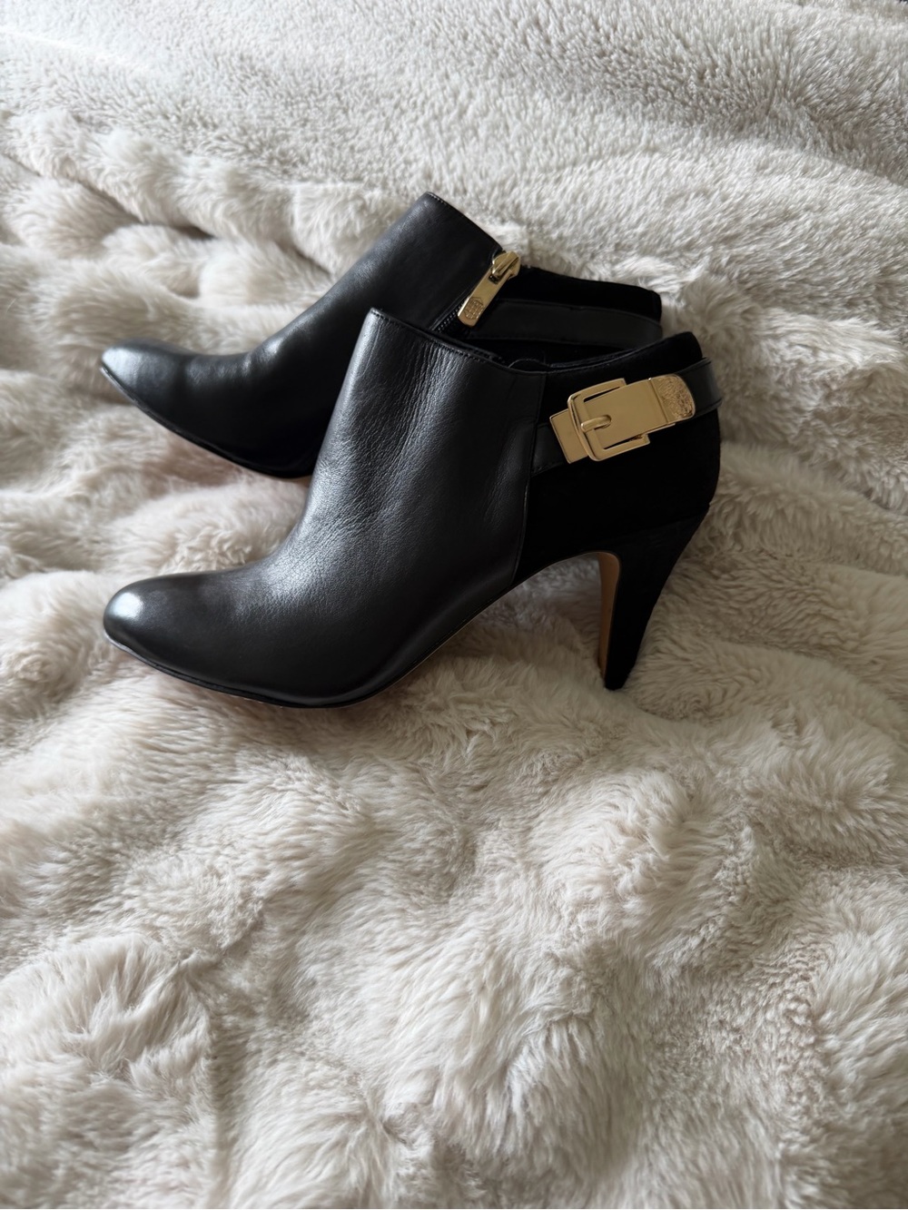 Vince Camuto Black Leather Pointed Ankle Booties with Gold Buckle